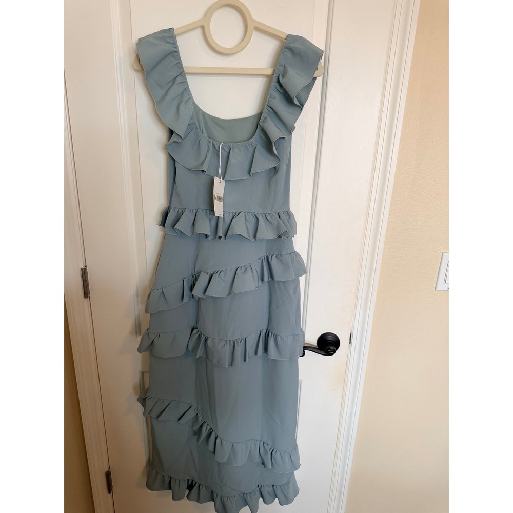 Show Me Your Mumu Greta Dress Women XS Sage-Blue Ruffle Tiered Maxi Slit - Picture 5 of 7